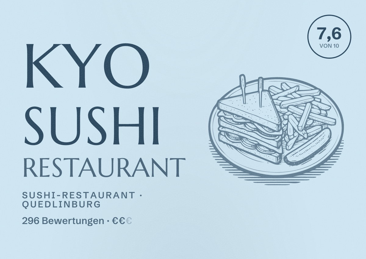 Illustriertes Poster von KYO Sushi Restaurant, Sushi-Restaurant in Quedlinburg: Bewertung 7,6 von 10 aus 296 Bewertungen, Preisniveau €€