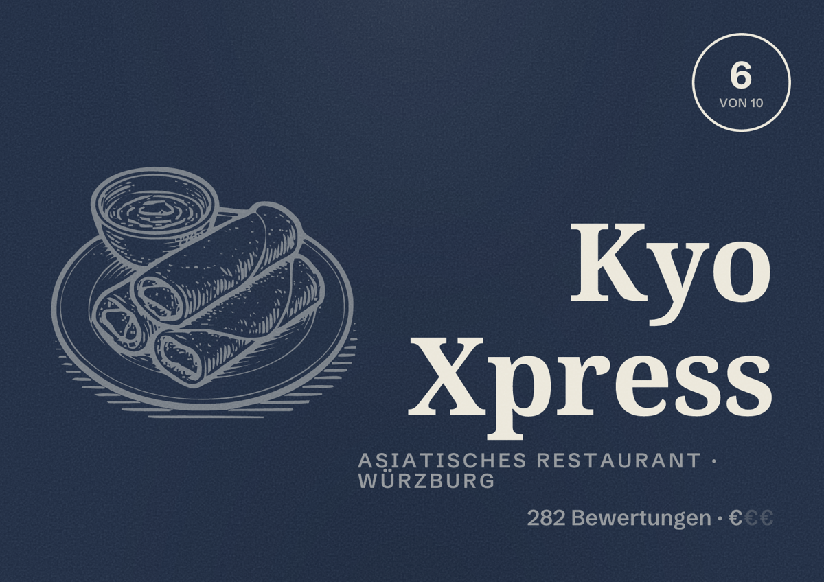 Illustriertes Poster von Kyo Xpress, Asiatisches Restaurant in Würzburg: Bewertung 6 von 10 aus 282 Bewertungen, Preisniveau €