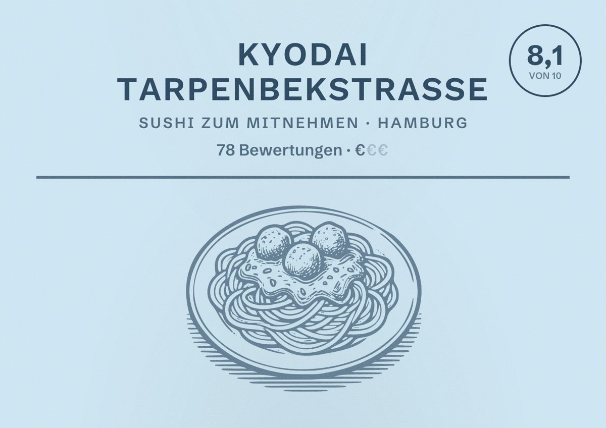 Illustriertes Poster von Kyodai Tarpenbekstraße, Sushi zum Mitnehmen in Hamburg: Bewertung 8,1 von 10 aus 78 Bewertungen, Preisniveau €