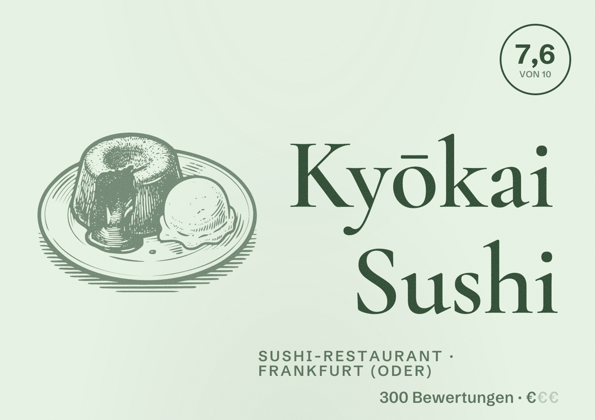 Illustriertes Poster von Kyōkai Sushi, Sushi-Restaurant in Frankfurt (Oder): Bewertung 7,6 von 10 aus 300 Bewertungen, Preisniveau €