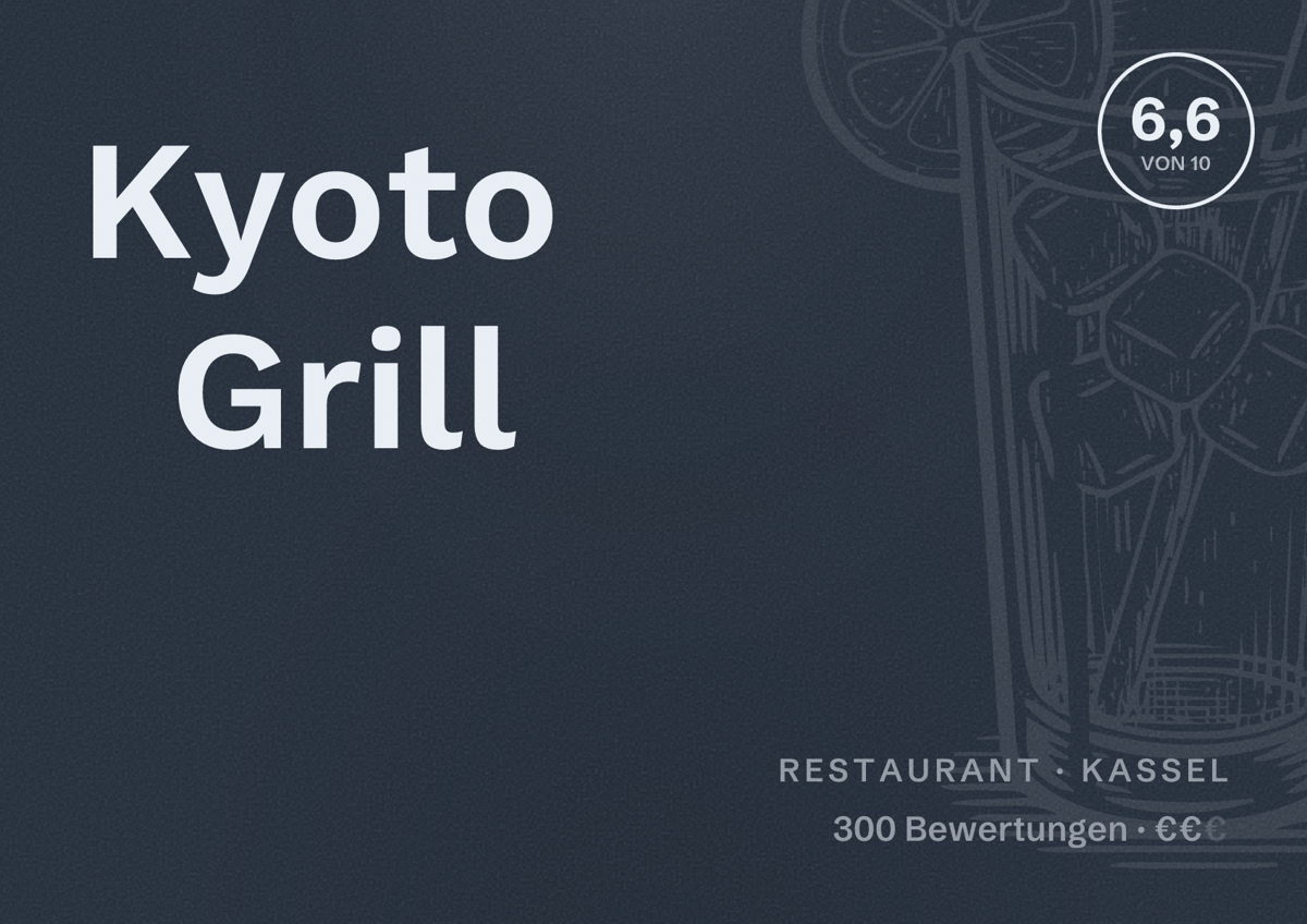 Illustriertes Poster von Kyoto Grill, Restaurant in Kassel: Bewertung 6,6 von 10 aus 300 Bewertungen, Preisniveau €€