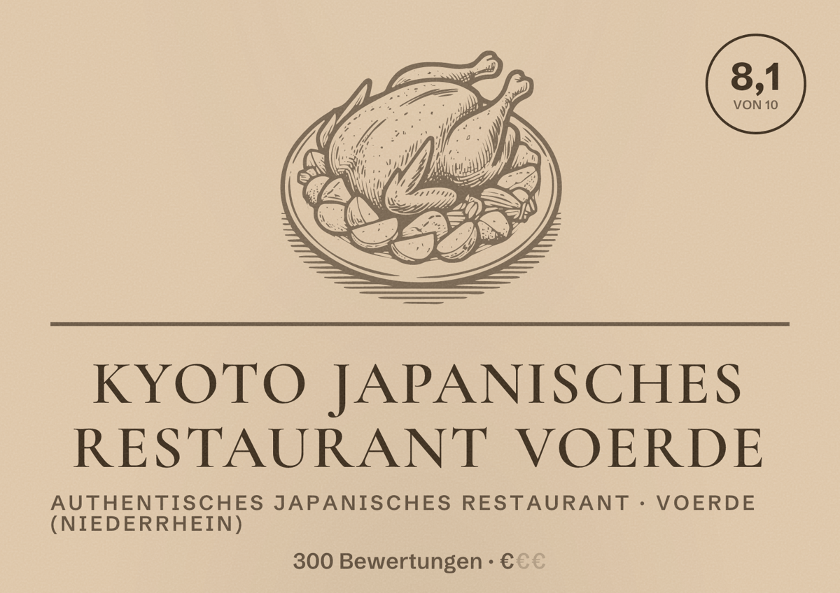 Illustriertes Poster von Kyoto Japanisches Restaurant Voerde, Authentisches japanisches Restaurant in Voerde (Niederrhein): Bewertung 8,1 von 10 aus 300 Bewertungen, Preisniveau €