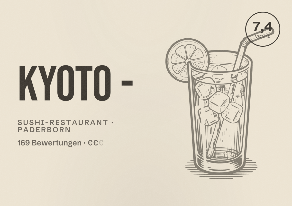 Illustriertes Poster von Kyoto -, Sushi-Restaurant in Paderborn: Bewertung 7,4 von 10 aus 169 Bewertungen, Preisniveau €€