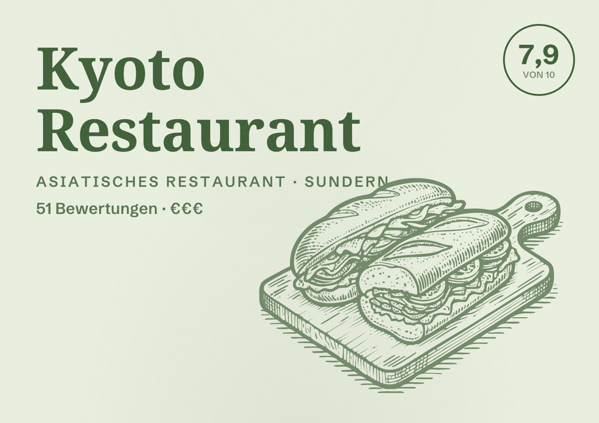 Illustriertes Poster von Kyoto Restaurant, Asiatisches Restaurant in Sundern: Bewertung 7,9 von 10 aus 51 Bewertungen, Preisniveau €€€
