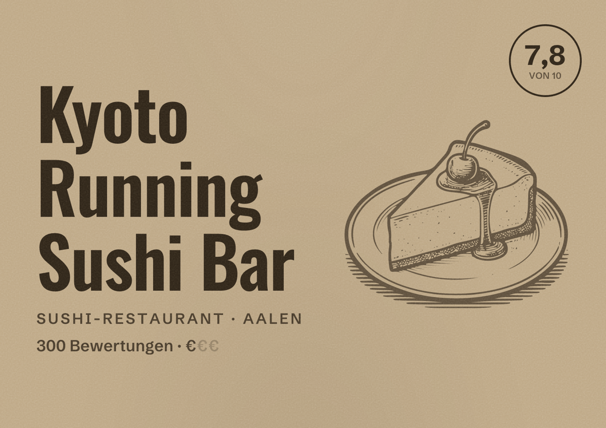 Illustriertes Poster von Kyoto Running Sushi Bar, Sushi-Restaurant in Aalen: Bewertung 7,8 von 10 aus 300 Bewertungen, Preisniveau €