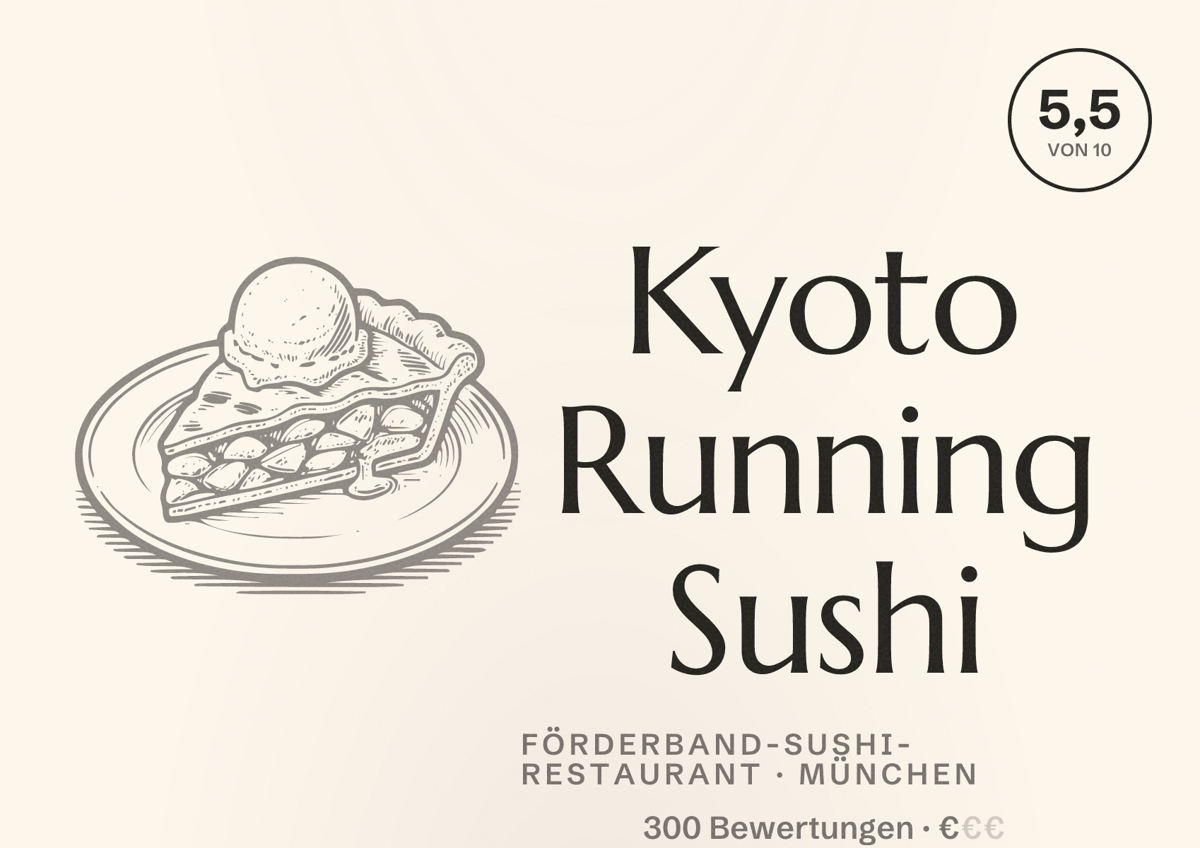 Illustriertes Poster von Kyoto Running Sushi, Förderband-Sushi-Restaurant in München: Bewertung 5,5 von 10 aus 300 Bewertungen, Preisniveau €