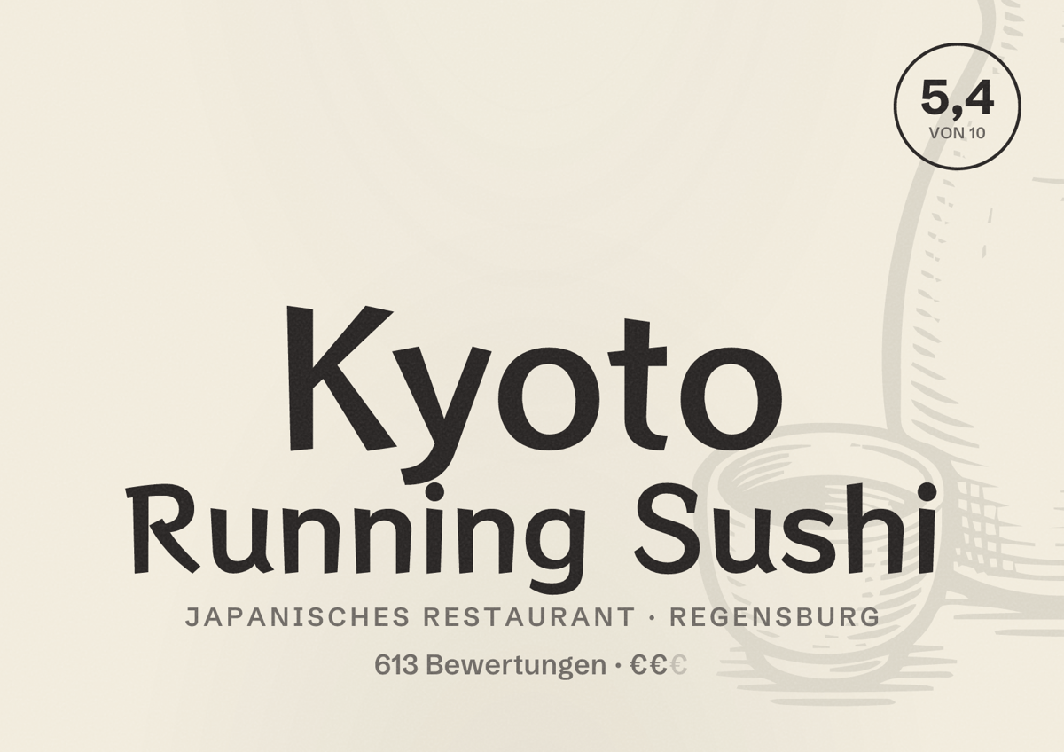 Illustriertes Poster von Kyoto Running Sushi, Japanisches Restaurant in Regensburg: Bewertung 5,4 von 10 aus 613 Bewertungen, Preisniveau €€