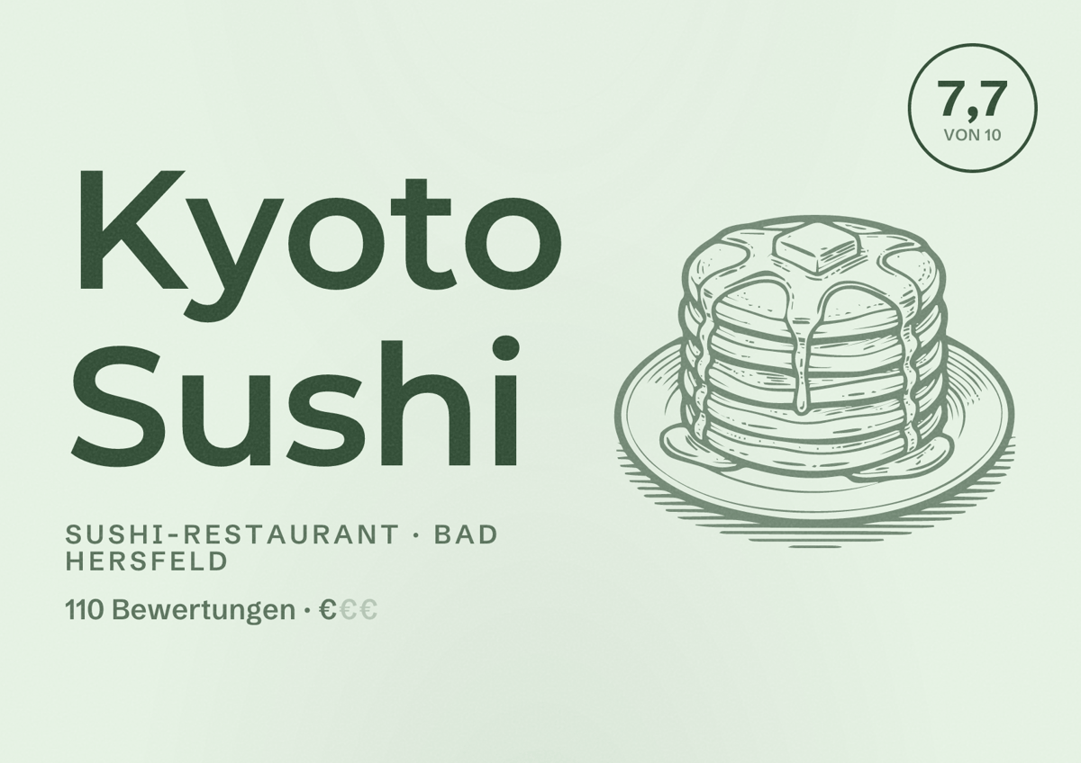 Illustriertes Poster von Kyoto Sushi, Sushi-Restaurant in Bad Hersfeld: Bewertung 7,7 von 10 aus 110 Bewertungen, Preisniveau €
