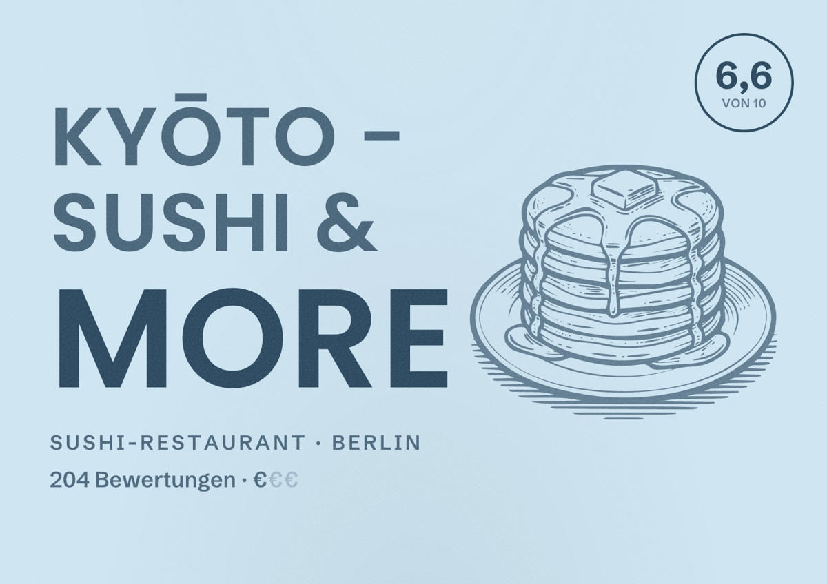 Illustriertes Poster von Kyōto - Sushi & More, Sushi-Restaurant in Berlin: Bewertung 6,6 von 10 aus 204 Bewertungen, Preisniveau €
