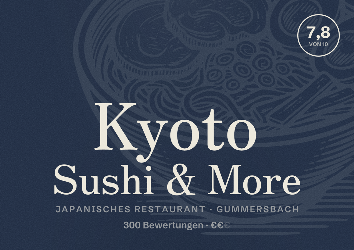 Illustriertes Poster von Kyoto Sushi & More, Japanisches Restaurant in Gummersbach: Bewertung 7,8 von 10 aus 300 Bewertungen, Preisniveau €€