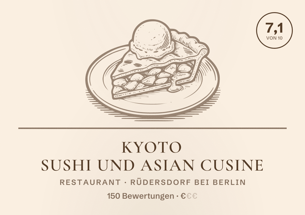 Illustriertes Poster von Kyoto Sushi und Asian Cusine, Restaurant in Rüdersdorf bei Berlin: Bewertung 7,1 von 10 aus 150 Bewertungen, Preisniveau €