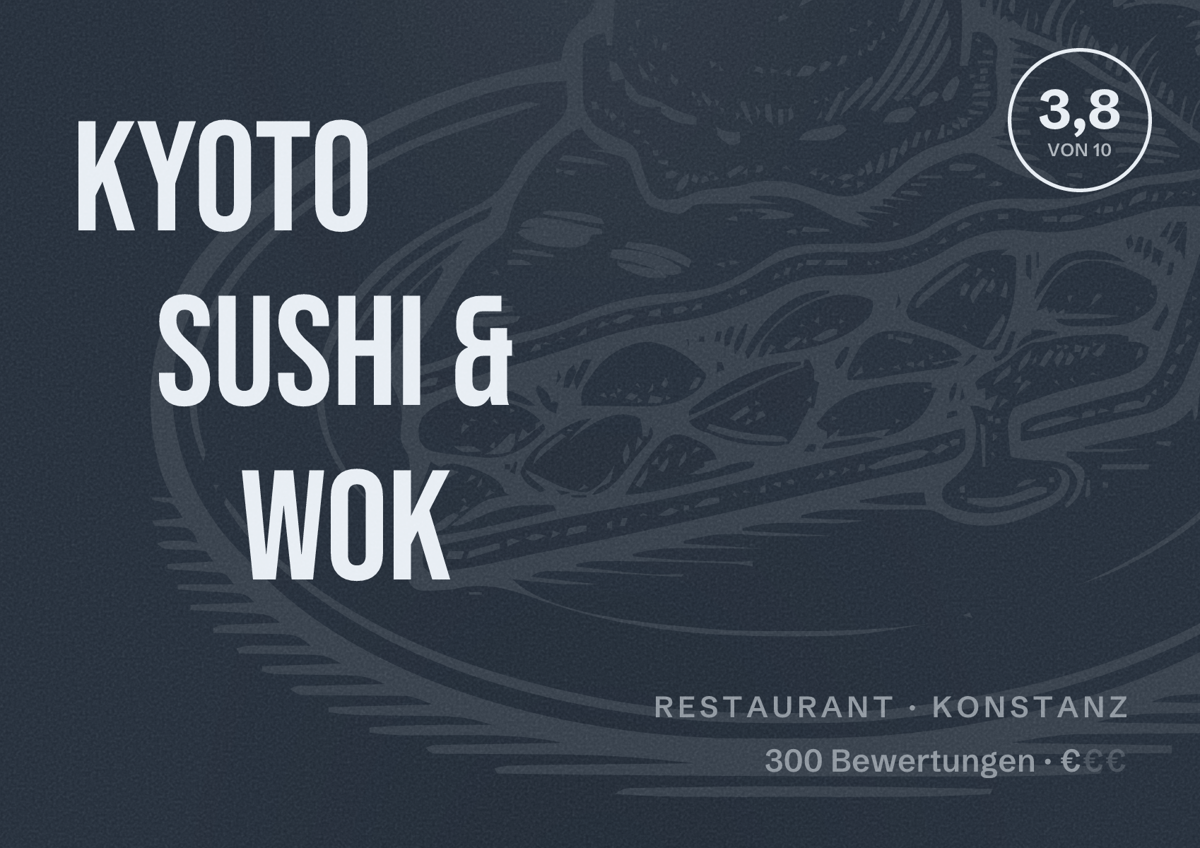 Illustriertes Poster von Kyoto Sushi & Wok, Restaurant in Konstanz: Bewertung 3,8 von 10 aus 300 Bewertungen, Preisniveau €