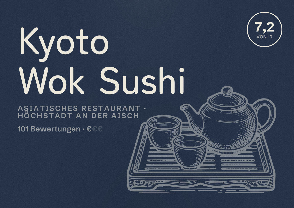 Illustriertes Poster von Kyoto Wok Sushi, Asiatisches Restaurant in Höchstadt an der Aisch: Bewertung 7,2 von 10 aus 101 Bewertungen, Preisniveau €
