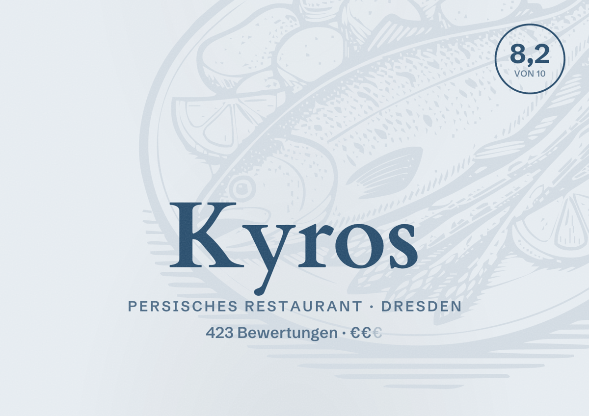 Illustriertes Poster von Kyros, Persisches Restaurant in Dresden: Bewertung 8,2 von 10 aus 423 Bewertungen, Preisniveau €€