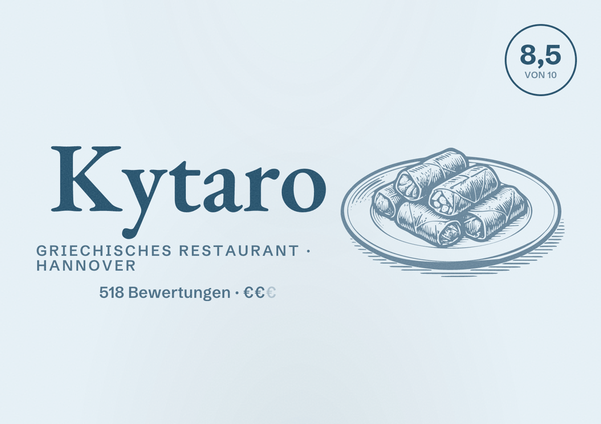 Illustriertes Poster von Kytaro, Griechisches Restaurant in Hannover: Bewertung 8,5 von 10 aus 518 Bewertungen, Preisniveau €€
