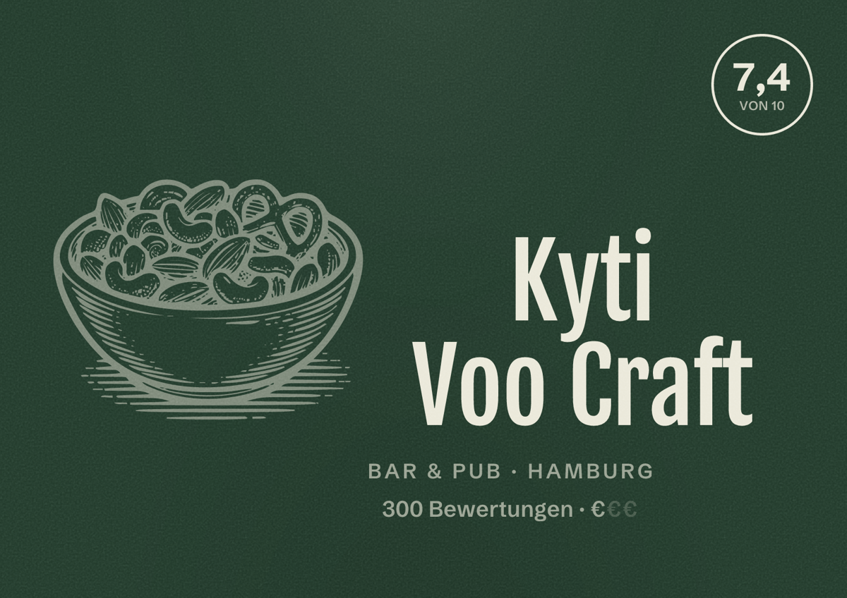 Illustriertes Poster von Kyti Voo Craft, Bar & Pub in Hamburg: Bewertung 7,4 von 10 aus 300 Bewertungen, Preisniveau €