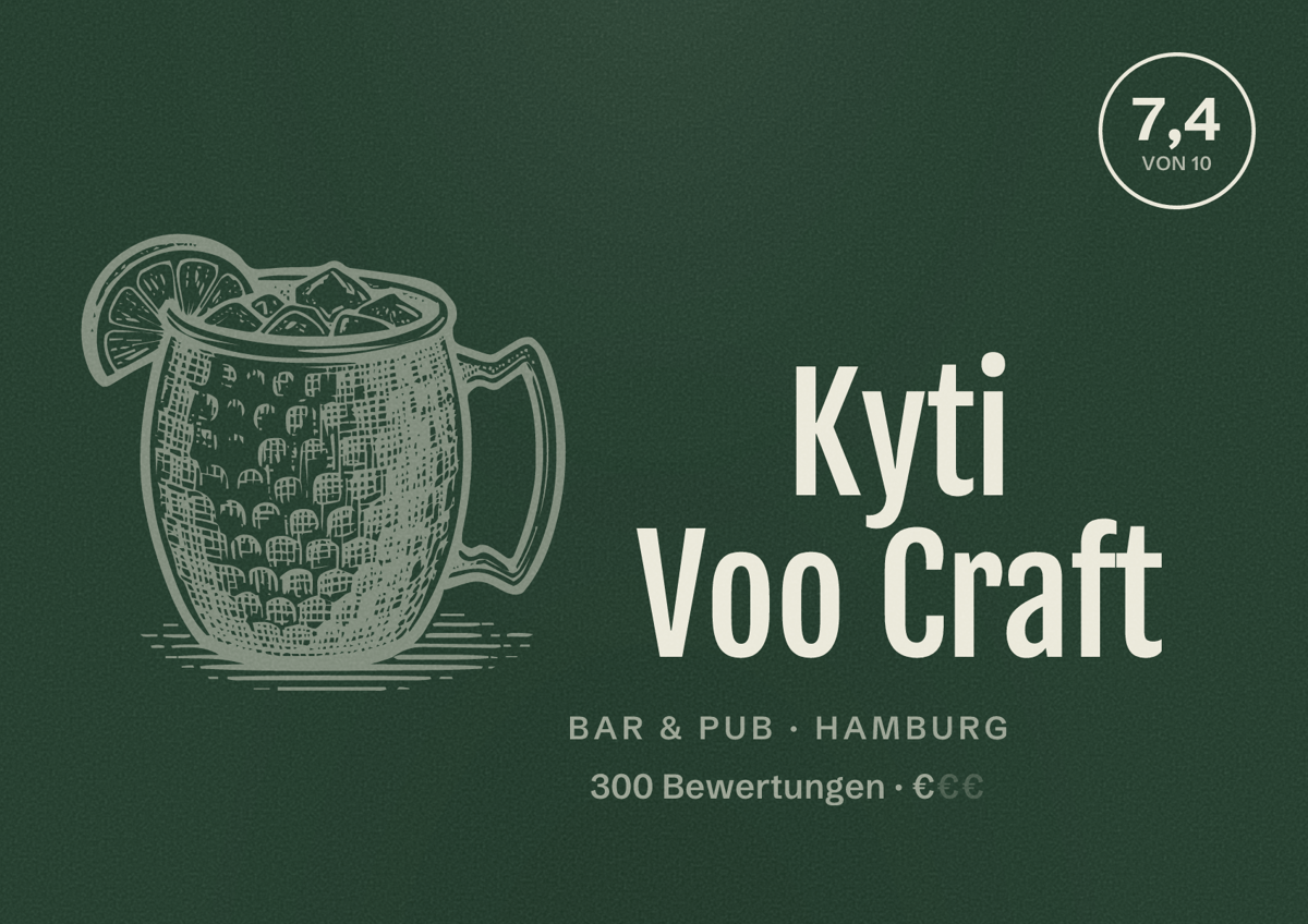 Illustriertes Poster von Kyti Voo Craft, Bar & Pub in Hamburg: Bewertung 7,4 von 10 aus 300 Bewertungen, Preisniveau €