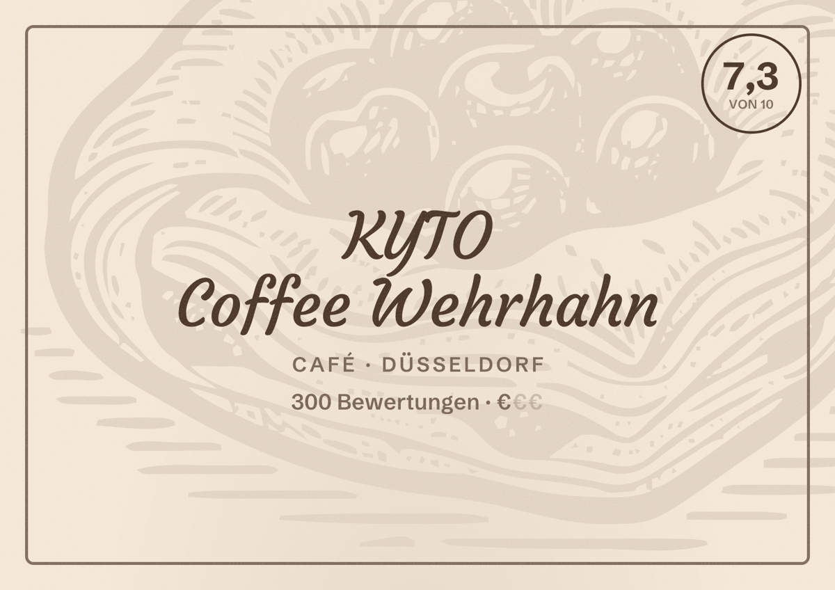 Illustriertes Poster von KYTO Coffee Wehrhahn, Café in Düsseldorf: Bewertung 7,3 von 10 aus 300 Bewertungen, Preisniveau €