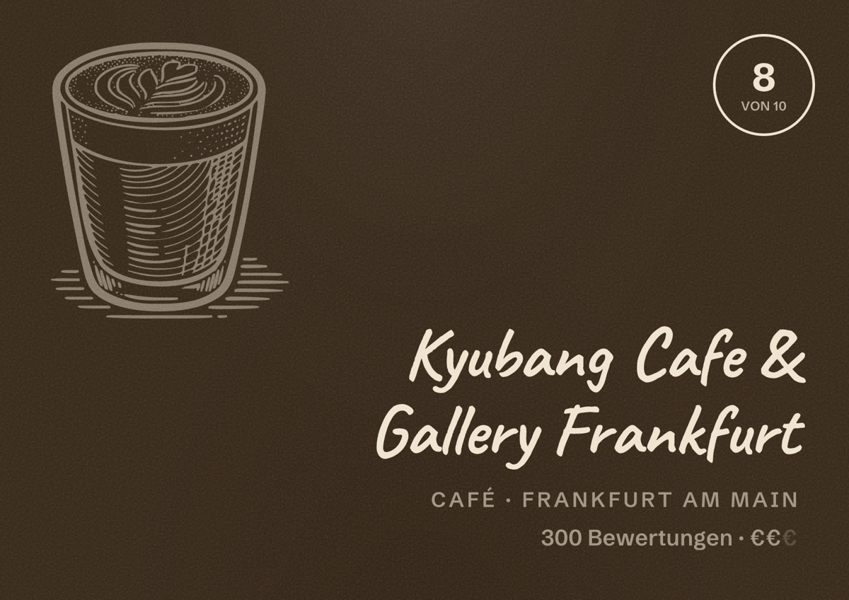 Illustriertes Poster von Kyubang Cafe & Gallery Frankfurt, Café in Frankfurt am Main: Bewertung 8,0 von 10 aus 300 Bewertungen, Preisniveau €€