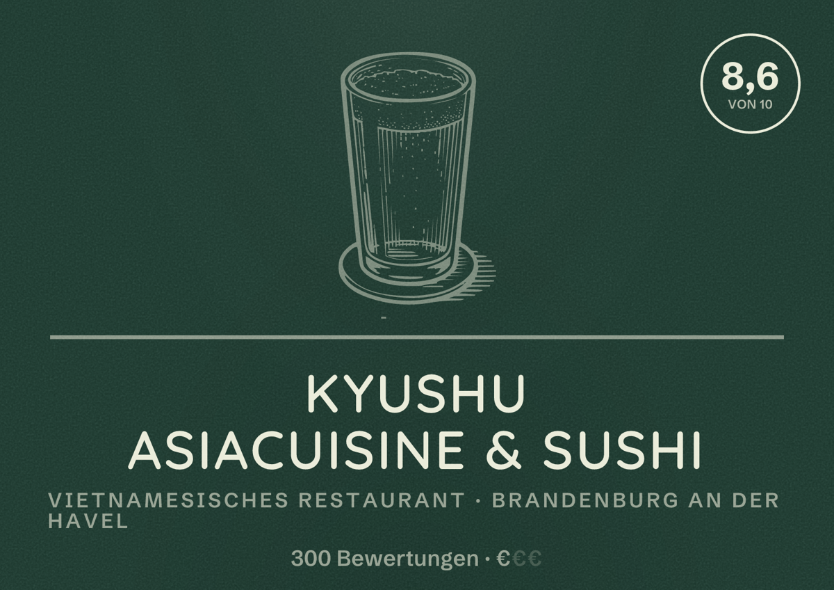 Illustriertes Poster von KYUSHU ASIACUISINE & SUSHI, Vietnamesisches Restaurant in Brandenburg an der Havel: Bewertung 8,6 von 10 aus 300 Bewertungen, Preisniveau €