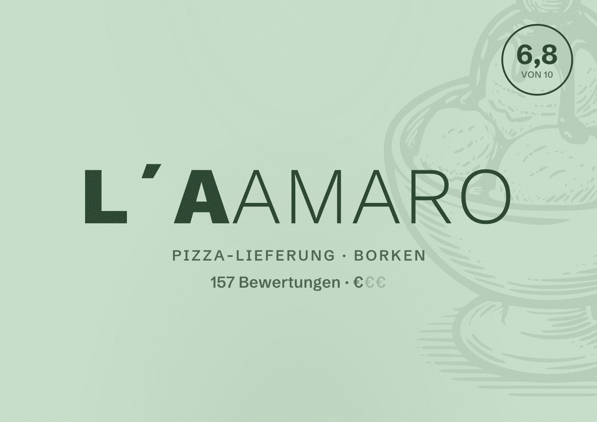 Illustriertes Poster von L´Aamaro, Pizza-Lieferung in Borken: Bewertung 6,8 von 10 aus 157 Bewertungen, Preisniveau €