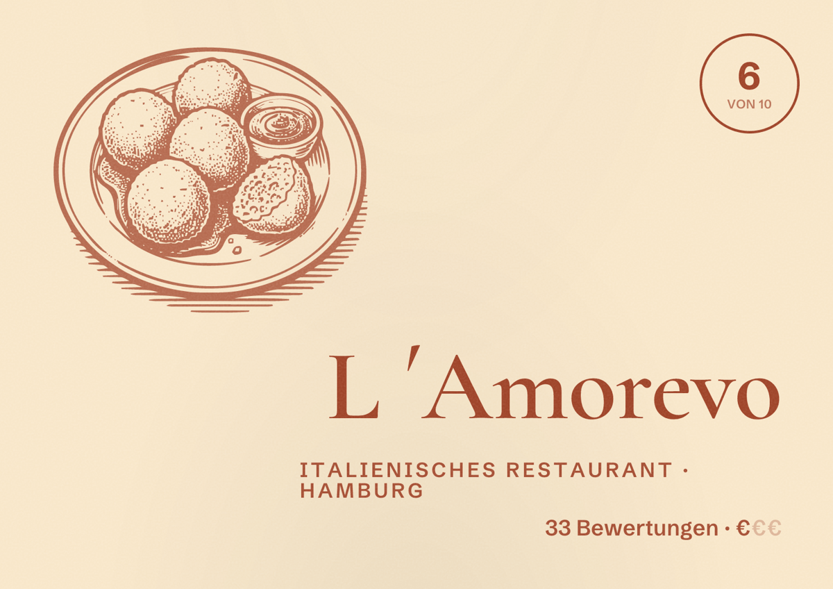 Illustriertes Poster von L ´Amorevo, Italienisches Restaurant in Hamburg: Bewertung 6 von 10 aus 33 Bewertungen, Preisniveau €