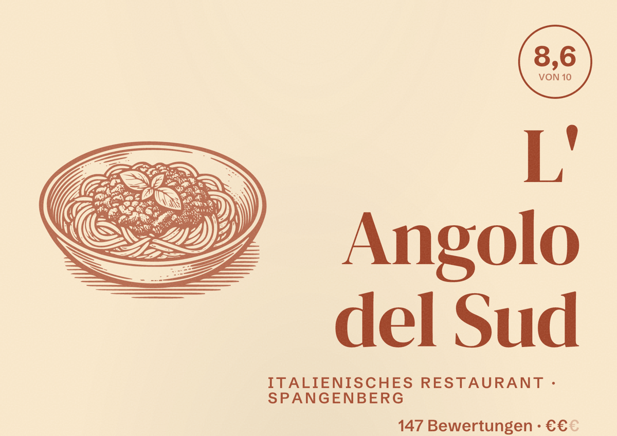 Illustriertes Poster von L' Angolo del Sud, Italienisches Restaurant in Spangenberg: Bewertung 8,6 von 10 aus 147 Bewertungen, Preisniveau €€