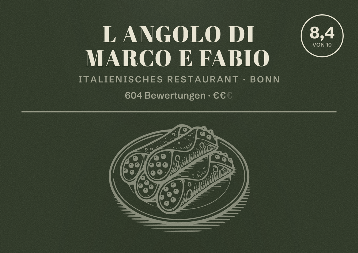 Illustriertes Poster von L Angolo di Marco e Fabio, Italienisches Restaurant in Bonn: Bewertung 8,4 von 10 aus 604 Bewertungen, Preisniveau €€