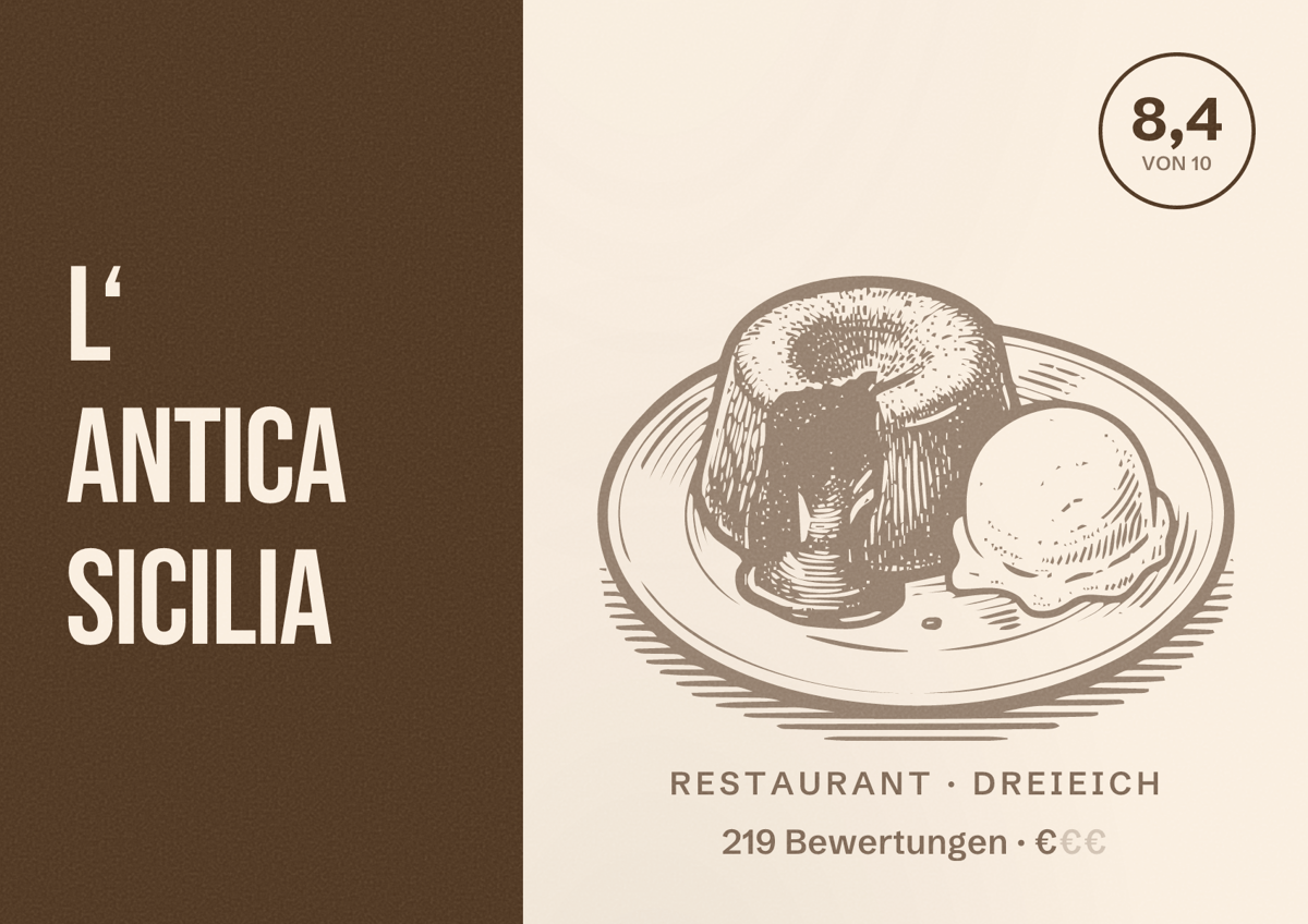 Illustriertes Poster von L‘ Antica Sicilia, Restaurant in Dreieich: Bewertung 8,4 von 10 aus 219 Bewertungen, Preisniveau €