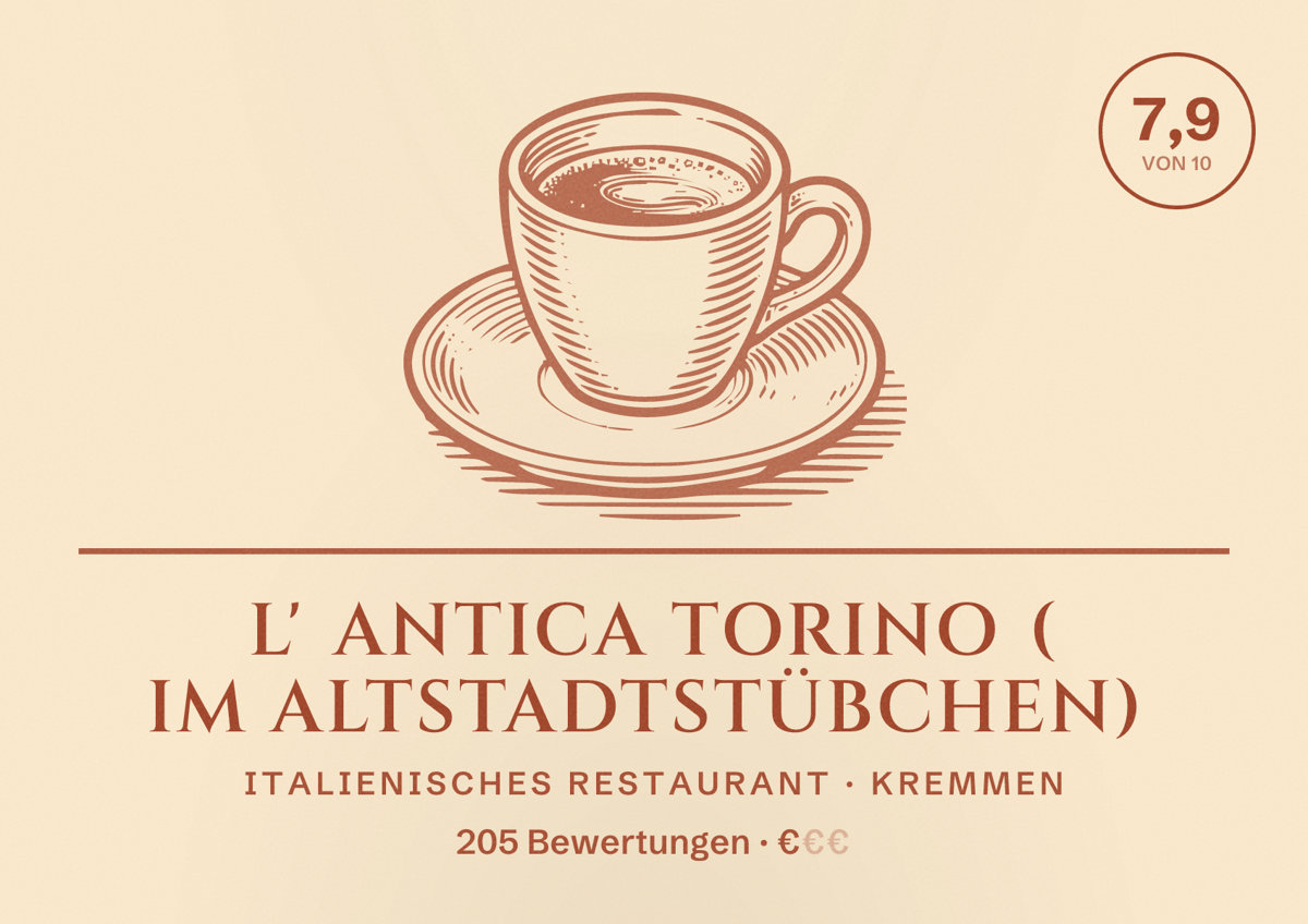 Illustriertes Poster von L' Antica Torino ( Im Altstadtstübchen), Italienisches Restaurant in Kremmen: Bewertung 7,9 von 10 aus 205 Bewertungen, Preisniveau €