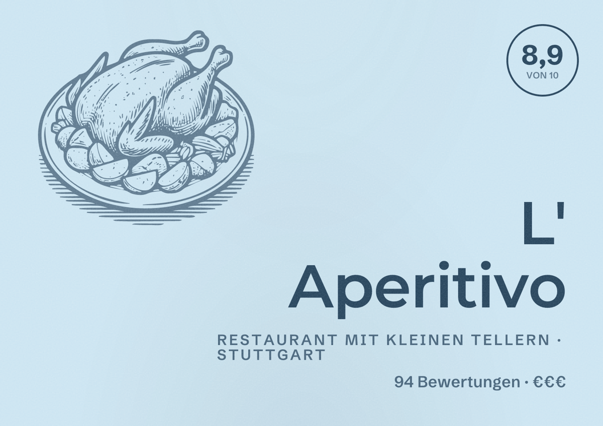 Illustriertes Poster von L' Aperitivo, Restaurant mit kleinen Tellern in Stuttgart: Bewertung 8,9 von 10 aus 94 Bewertungen, Preisniveau €€€