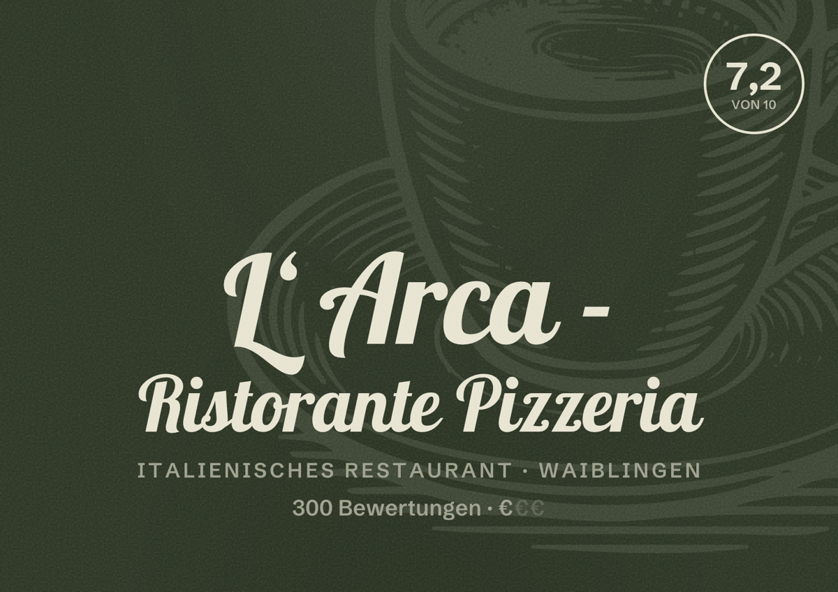 Illustriertes Poster von L‘ Arca - Ristorante Pizzeria, Italienisches Restaurant in Waiblingen: Bewertung 7,2 von 10 aus 300 Bewertungen, Preisniveau €