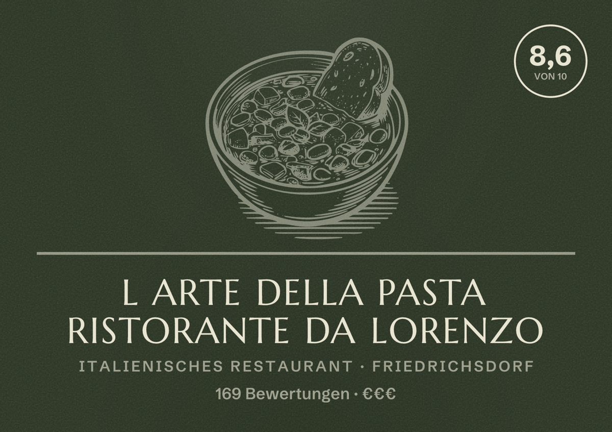 Illustriertes Poster von L Arte della Pasta Ristorante Da Lorenzo, Italienisches Restaurant in Friedrichsdorf: Bewertung 8,6 von 10 aus 169 Bewertungen, Preisniveau €€€