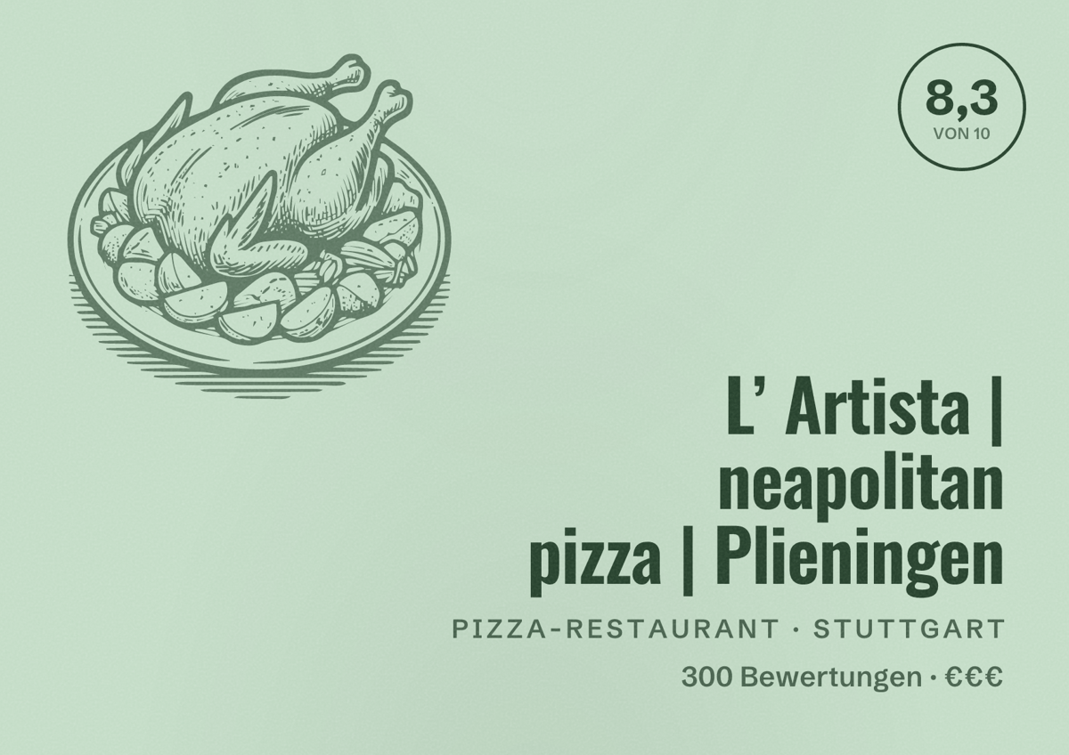 Illustriertes Poster von L’ Artista | neapolitan pizza | Plieningen, Pizza-Restaurant in Stuttgart: Bewertung 8,3 von 10 aus 300 Bewertungen, Preisniveau €€€