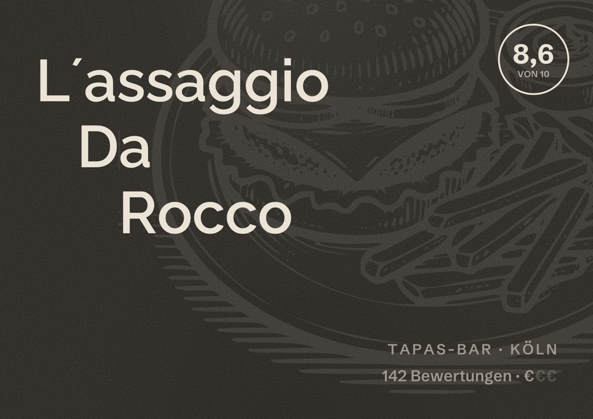 Illustriertes Poster von L´assaggio Da Rocco, Tapas-Bar in Köln: Bewertung 8,6 von 10 aus 142 Bewertungen, Preisniveau €