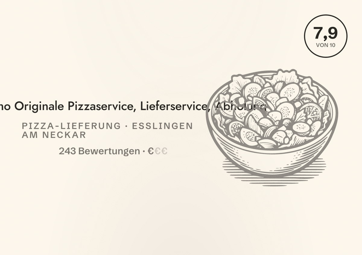 Illustriertes Poster von L' Italiano Originale Pizzaservice, Lieferservice, Abholung, Pizza-Lieferung in Esslingen am Neckar: Bewertung 7,9 von 10 aus 243 Bewertungen, Preisniveau €