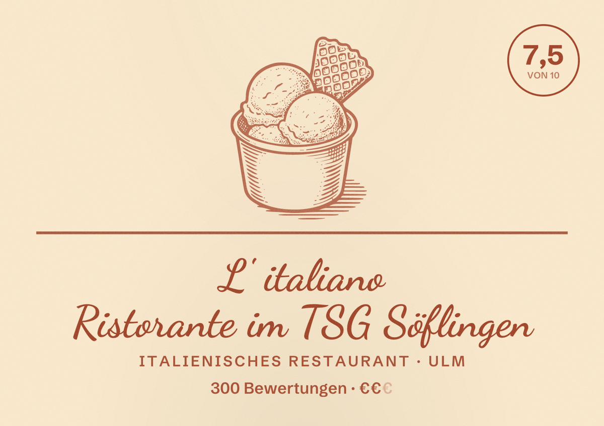 Illustriertes Poster von L' italiano Ristorante im TSG Söflingen, Italienisches Restaurant in Ulm: Bewertung 7,5 von 10 aus 300 Bewertungen, Preisniveau €€