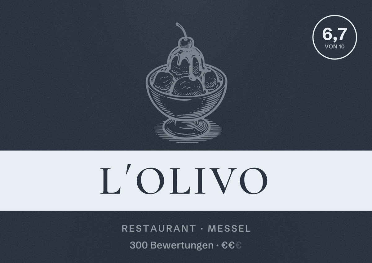 Illustriertes Poster von L´Olivo, Restaurant in Messel: Bewertung 6,7 von 10 aus 300 Bewertungen, Preisniveau €€