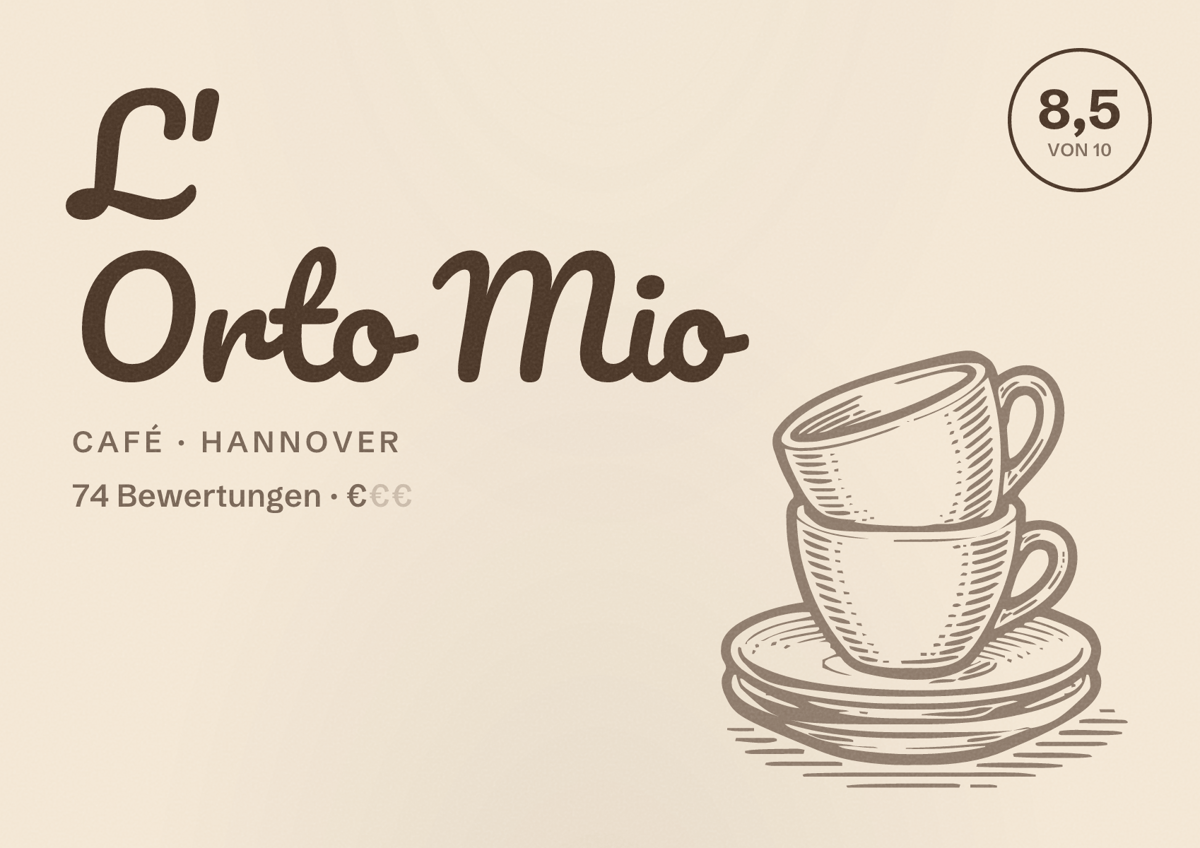 Illustriertes Poster von L' Orto Mio, Café in Hannover: Bewertung 8,5 von 10 aus 74 Bewertungen, Preisniveau €