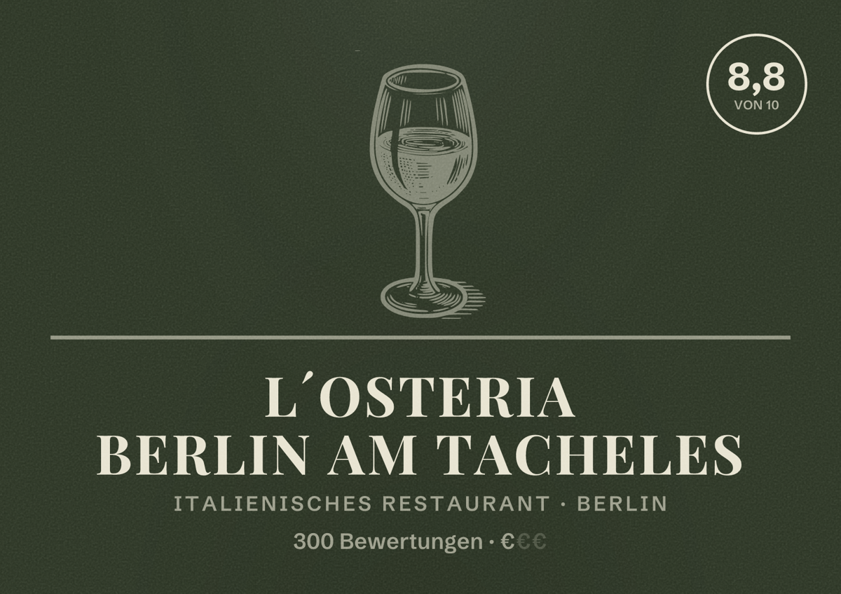 Illustriertes Poster von L´Osteria Berlin AM TACHELES, Italienisches Restaurant in Berlin: Bewertung 8,8 von 10 aus 300 Bewertungen, Preisniveau €