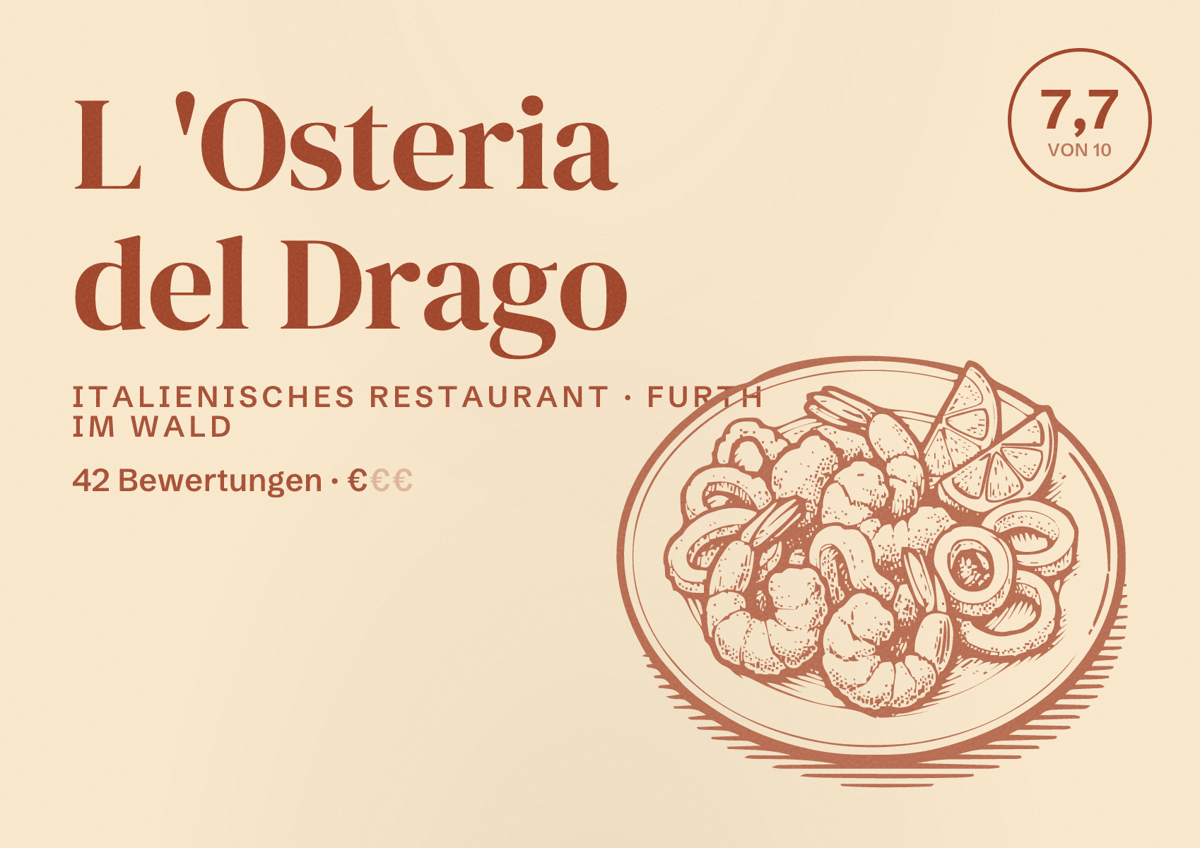 Illustriertes Poster von L 'Osteria del Drago, Italienisches Restaurant in Furth im Wald: Bewertung 7,7 von 10 aus 42 Bewertungen, Preisniveau €