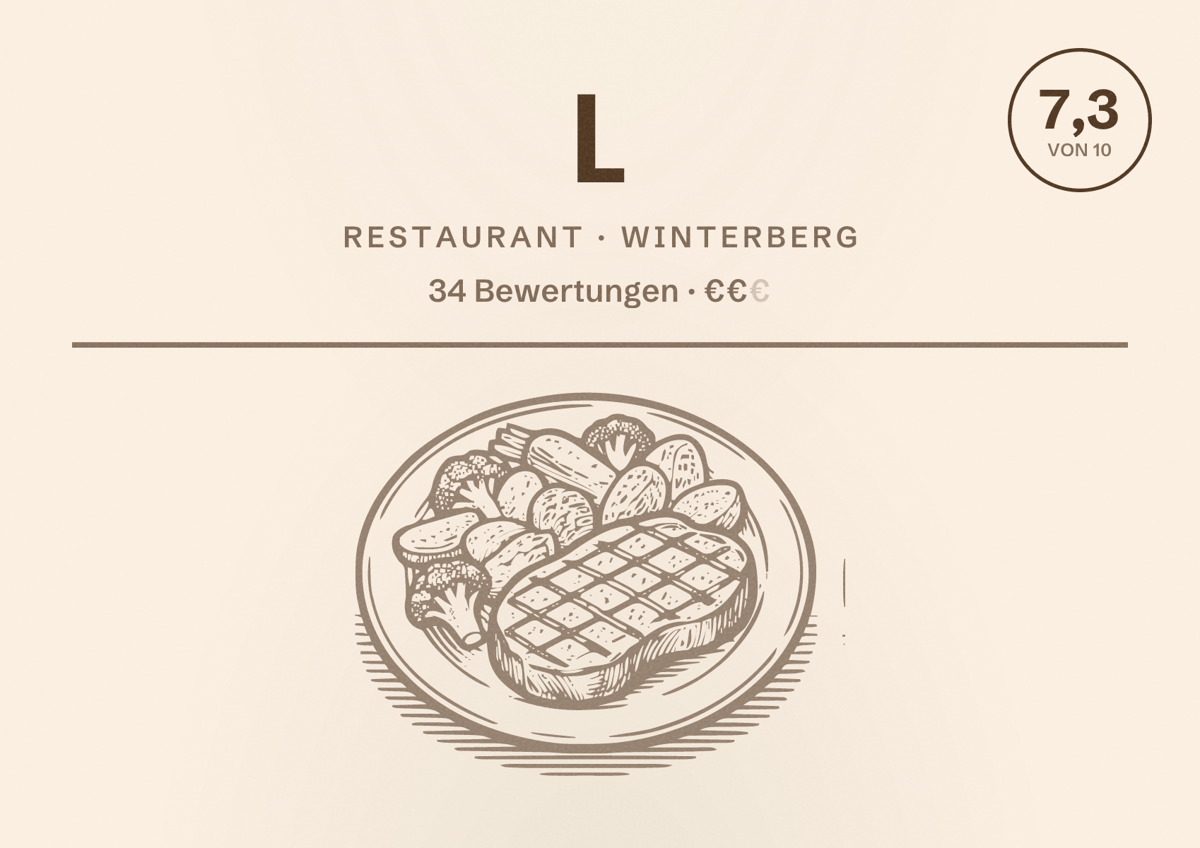 Illustriertes Poster von L, Restaurant in Winterberg: Bewertung 7,3 von 10 aus 34 Bewertungen, Preisniveau €€