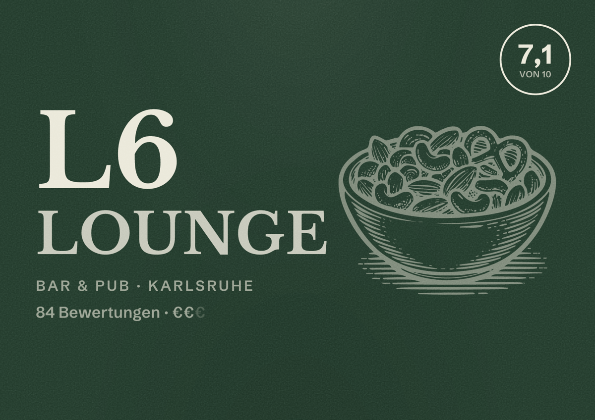 Illustriertes Poster von L6 LOUNGE, Bar & Pub in Karlsruhe: Bewertung 7,1 von 10 aus 84 Bewertungen, Preisniveau €€