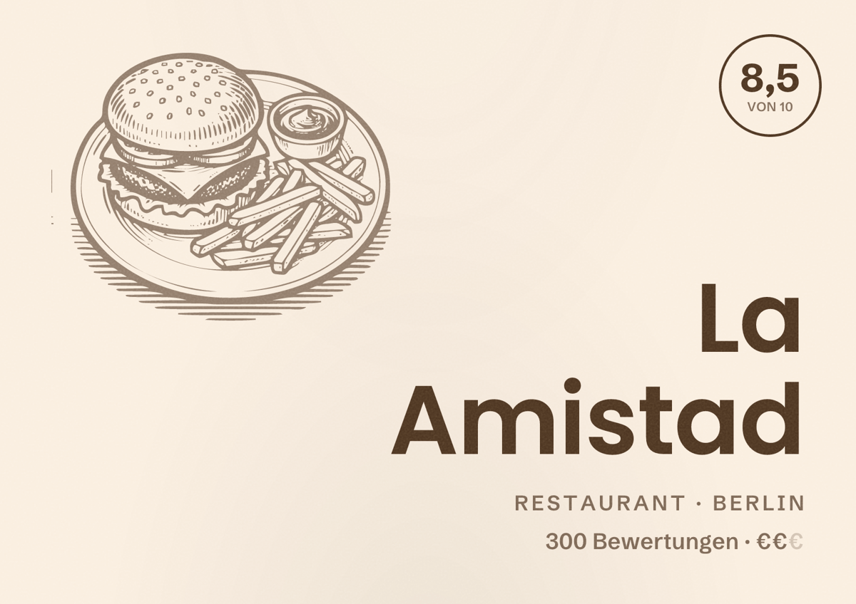 Illustriertes Poster von La Amistad, Restaurant in Berlin: Bewertung 8,5 von 10 aus 300 Bewertungen, Preisniveau €€