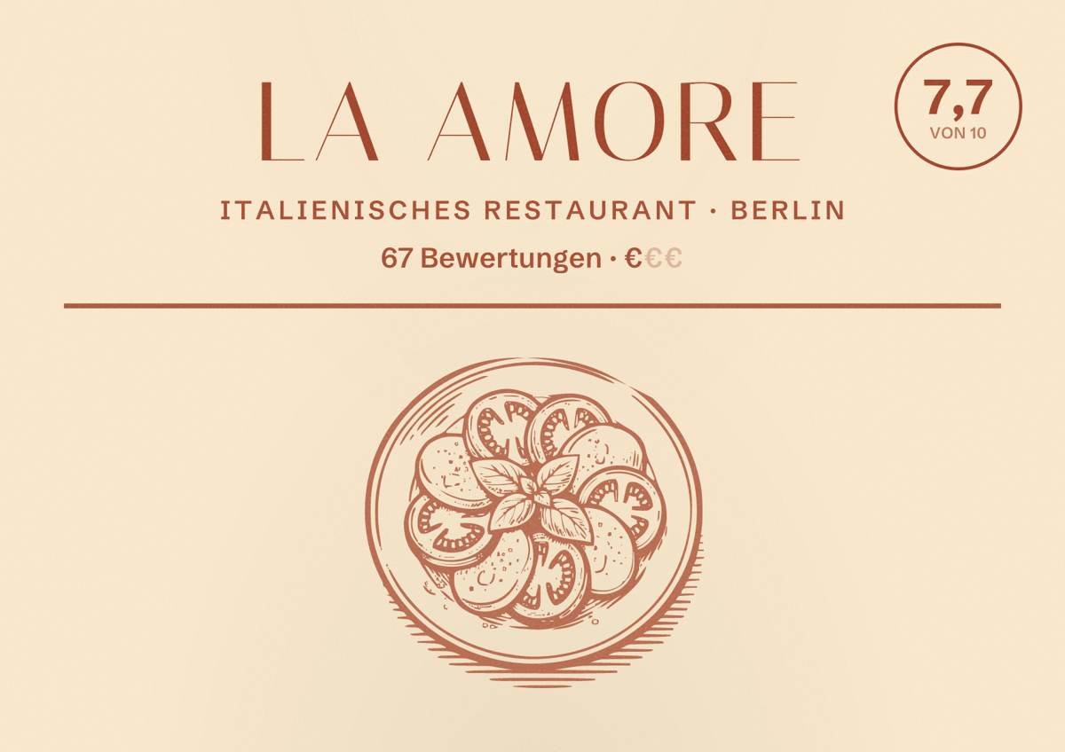 Illustriertes Poster von La Amore, Italienisches Restaurant in Berlin: Bewertung 7,7 von 10 aus 67 Bewertungen, Preisniveau €