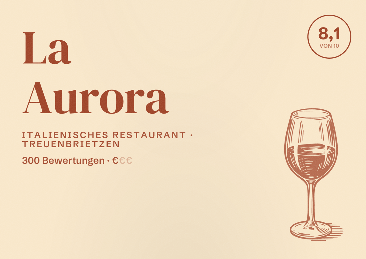 Illustriertes Poster von La Aurora, Italienisches Restaurant in Treuenbrietzen: Bewertung 8,1 von 10 aus 300 Bewertungen, Preisniveau €