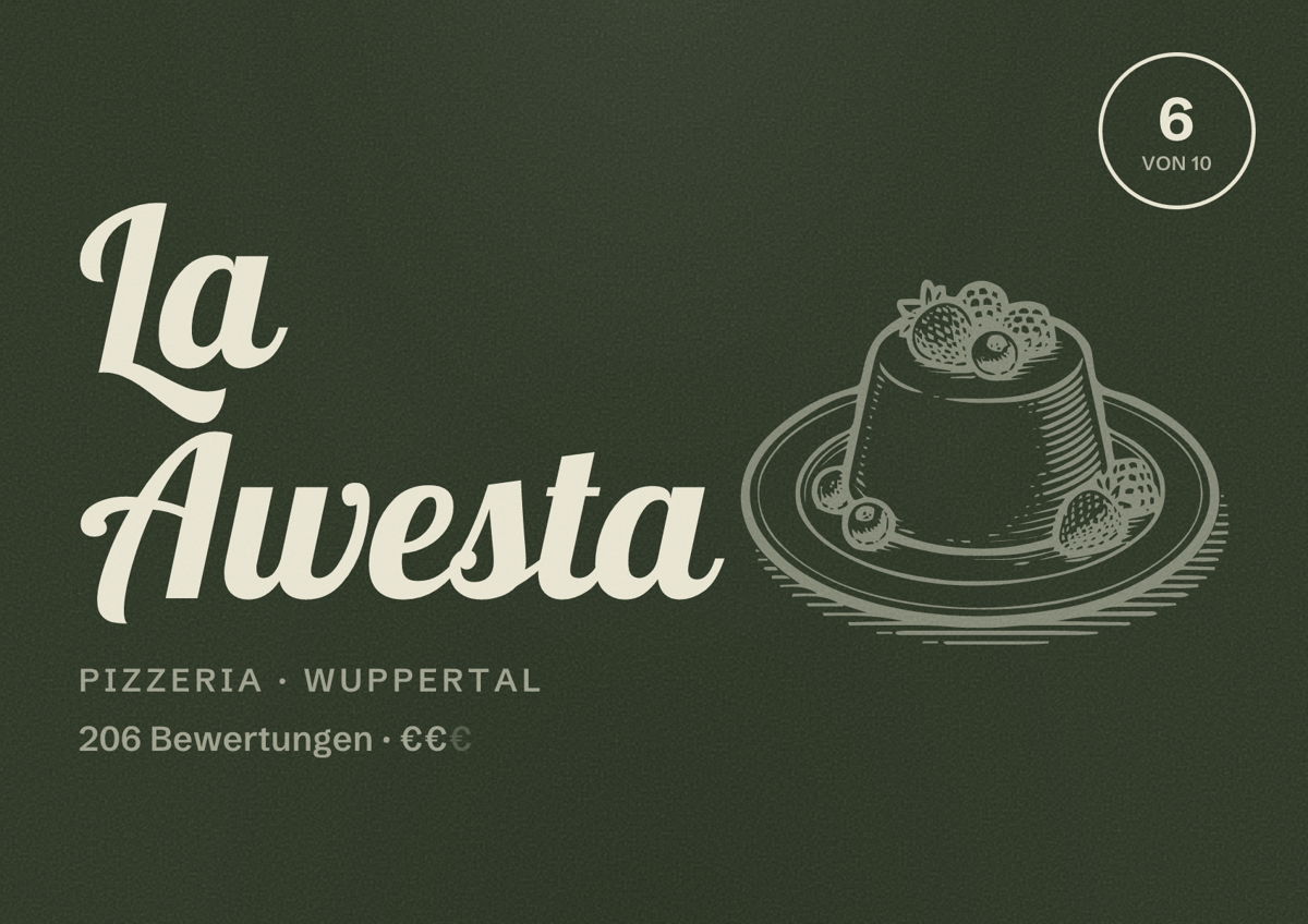 Illustriertes Poster von La Awesta, Pizzeria in Wuppertal: Gästebewertung 6,1 von 10 aus 206 Bewertungen
