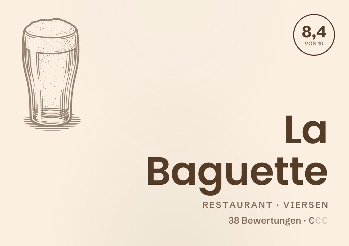 Illustriertes Poster von La Baguette, Restaurant in Viersen: Bewertung 8,4 von 10 aus 38 Bewertungen, Preisniveau €