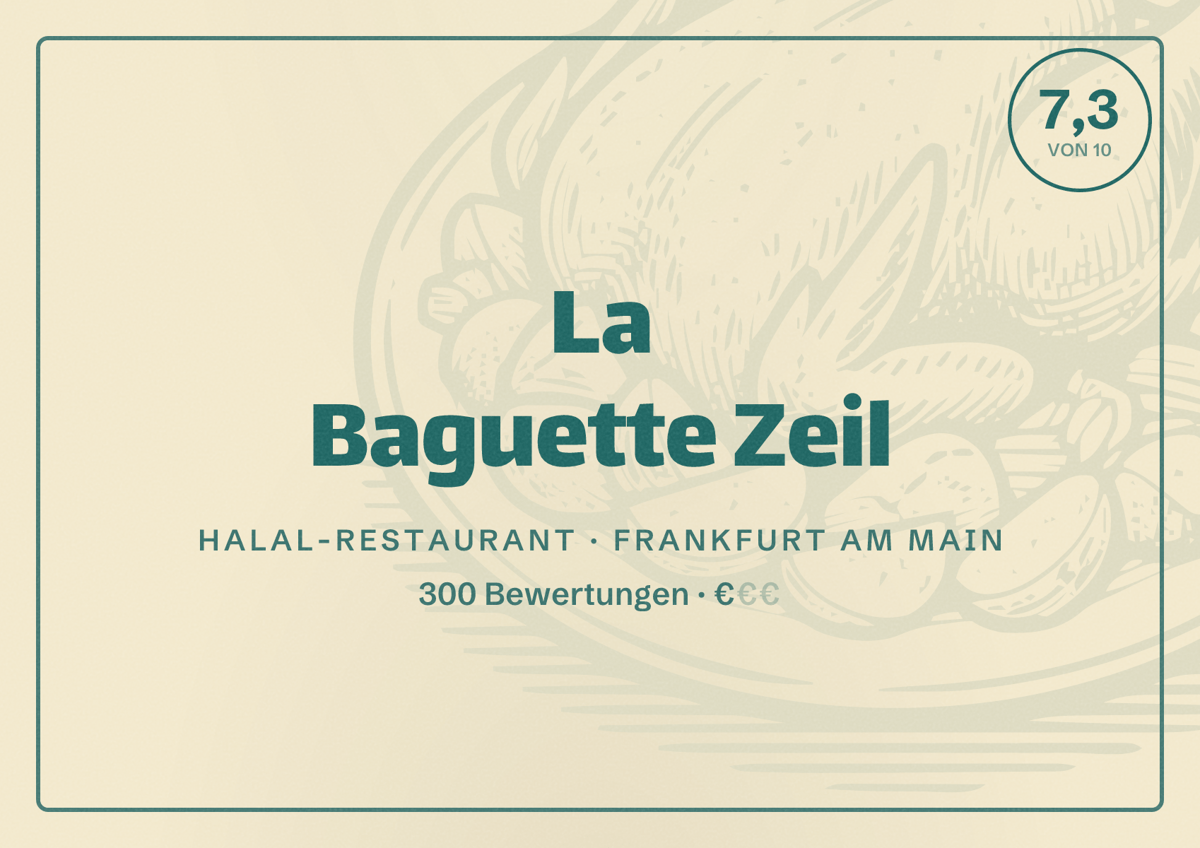 Illustriertes Poster von La Baguette Zeil, Halal-Restaurant in Frankfurt am Main: Bewertung 7,3 von 10 aus 300 Bewertungen, Preisniveau €