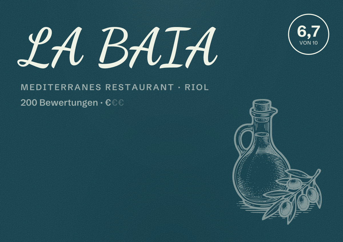 Illustriertes Poster von LA BAIA, Mediterranes Restaurant in Riol: Bewertung 6,7 von 10 aus 200 Bewertungen, Preisniveau €